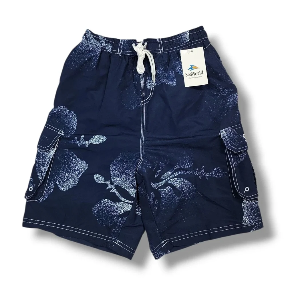 New Sea World Swim Trunks Shorts Navy‎ Blue & White Boy's Size M 10/12